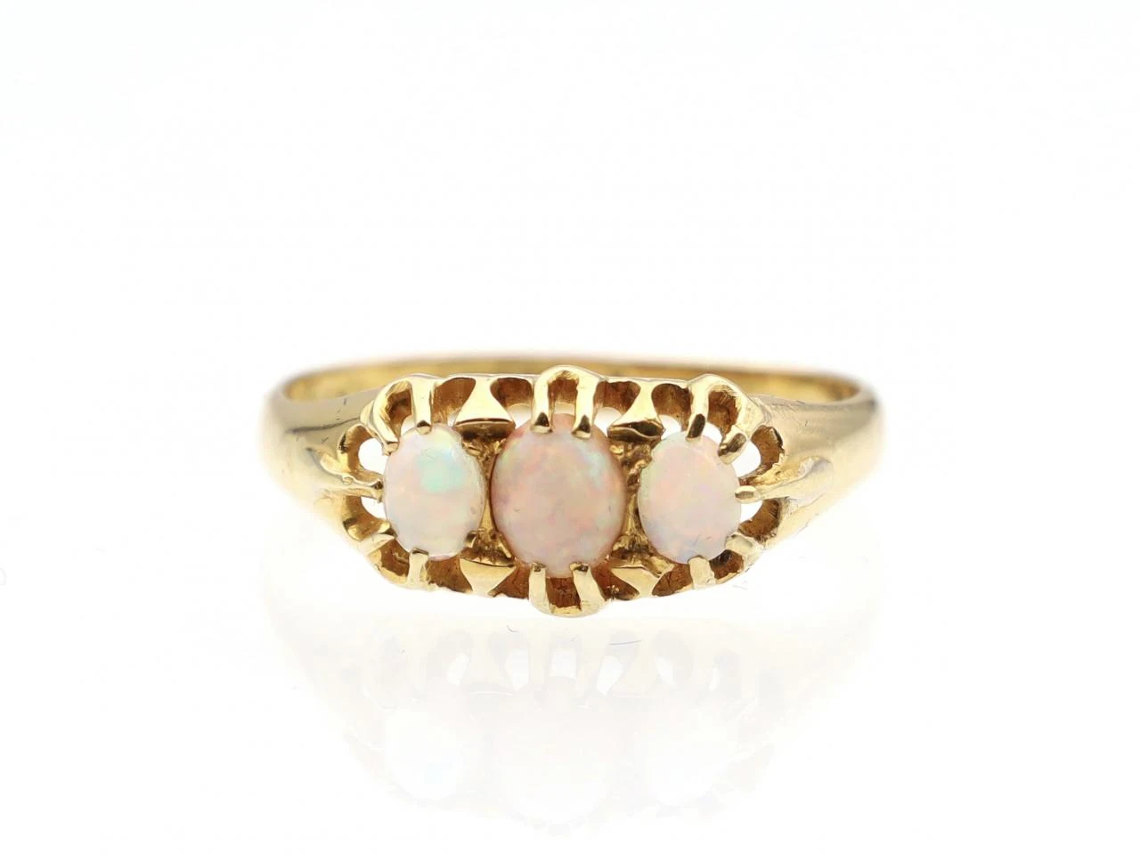 1912 three stone opal carved ring in 18kt yellow gold