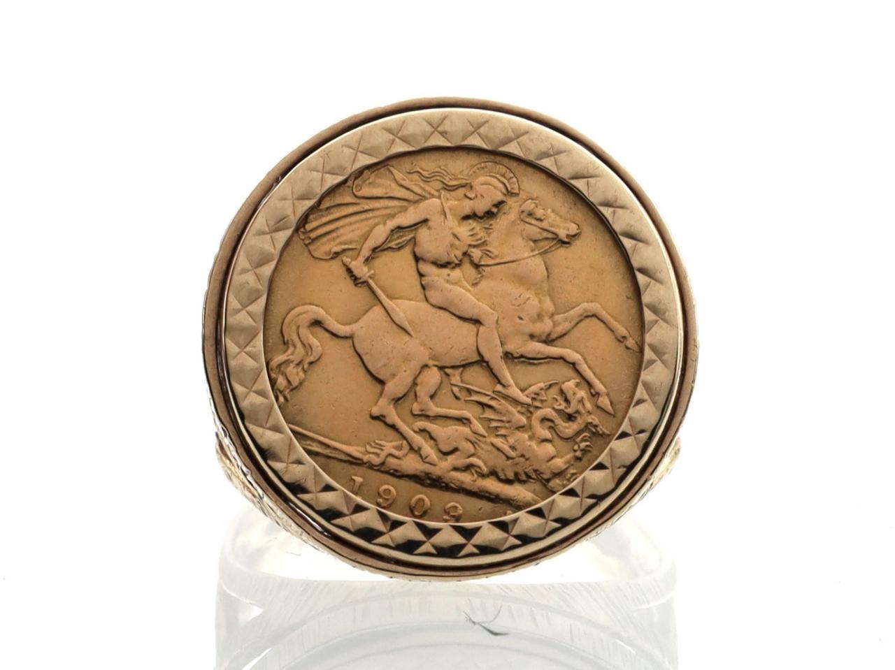 1908 Half Sovereign Coin Ring in 9kt Yellow Gold Mount