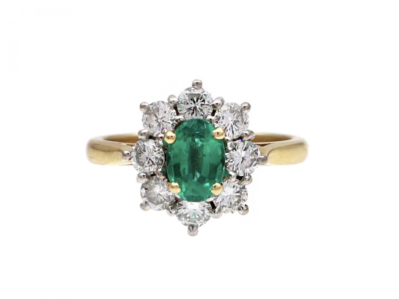 Emerald and diamond coronet cluster ring in gold