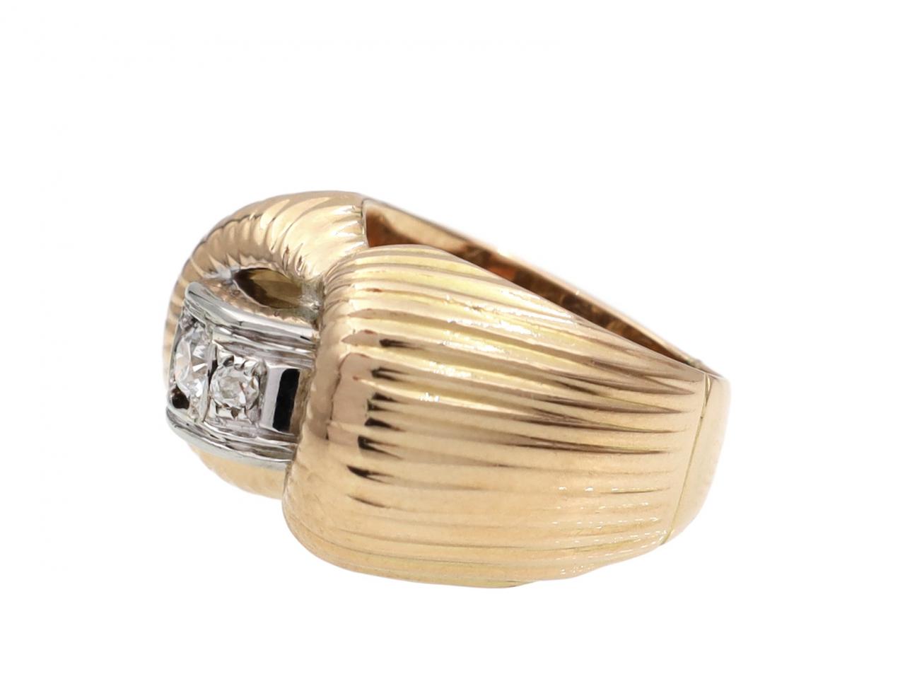Puff Rib Ring Retro diamond three stone ribbed puff ring in 18kt yellow gold