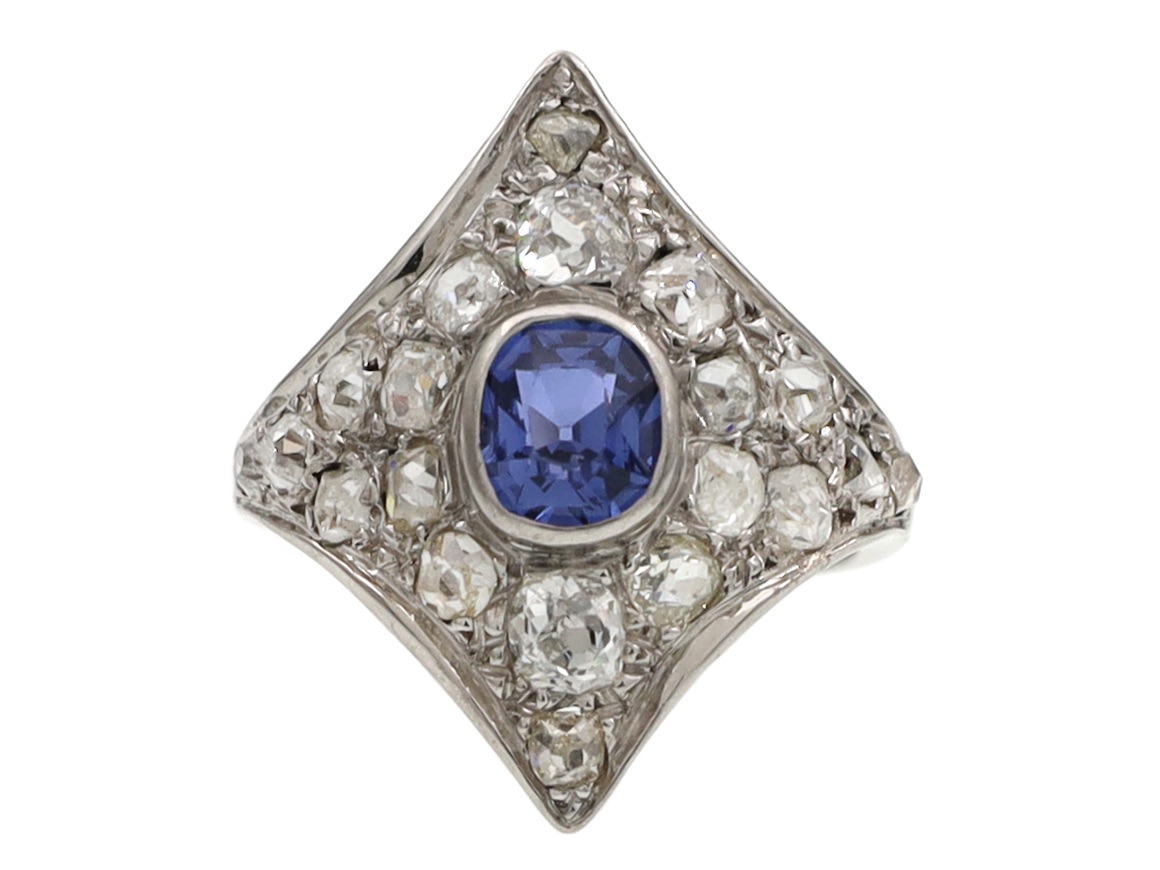 Art Deco sapphire and diamond four rayed star ring in 18kt white gold
