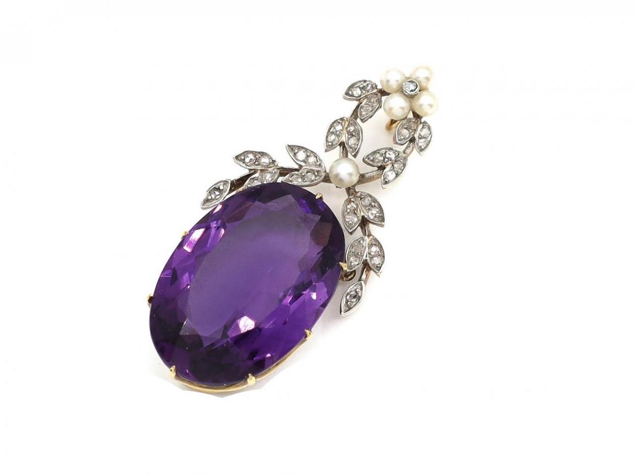 Edwardian Amethyst Pendant with Seed Pearls & Diamonds