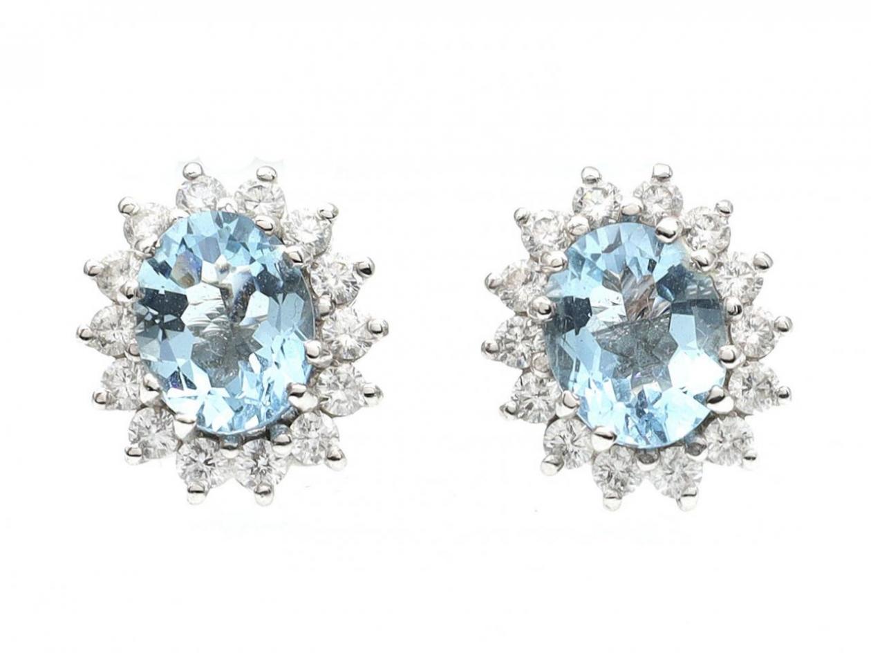 Vintage oval aquamarine and diamond coronet cluster earrings