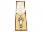 Arts and Crafts aquamarine and pink topaz pendant in yellow gold