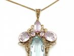 Arts and Crafts aquamarine and pink topaz pendant in yellow gold