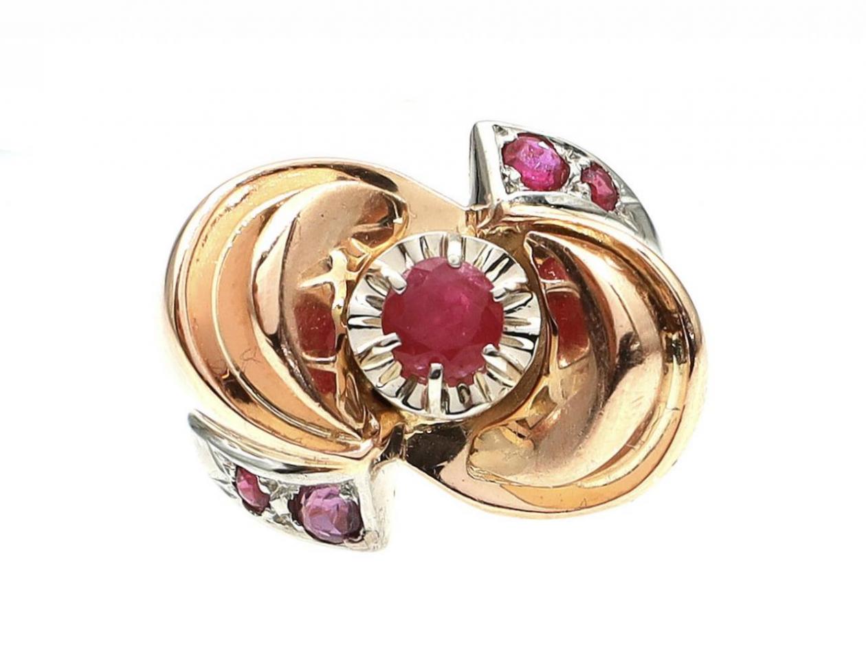 1940s 18kt rose gold ruby set modernist cocktail ring