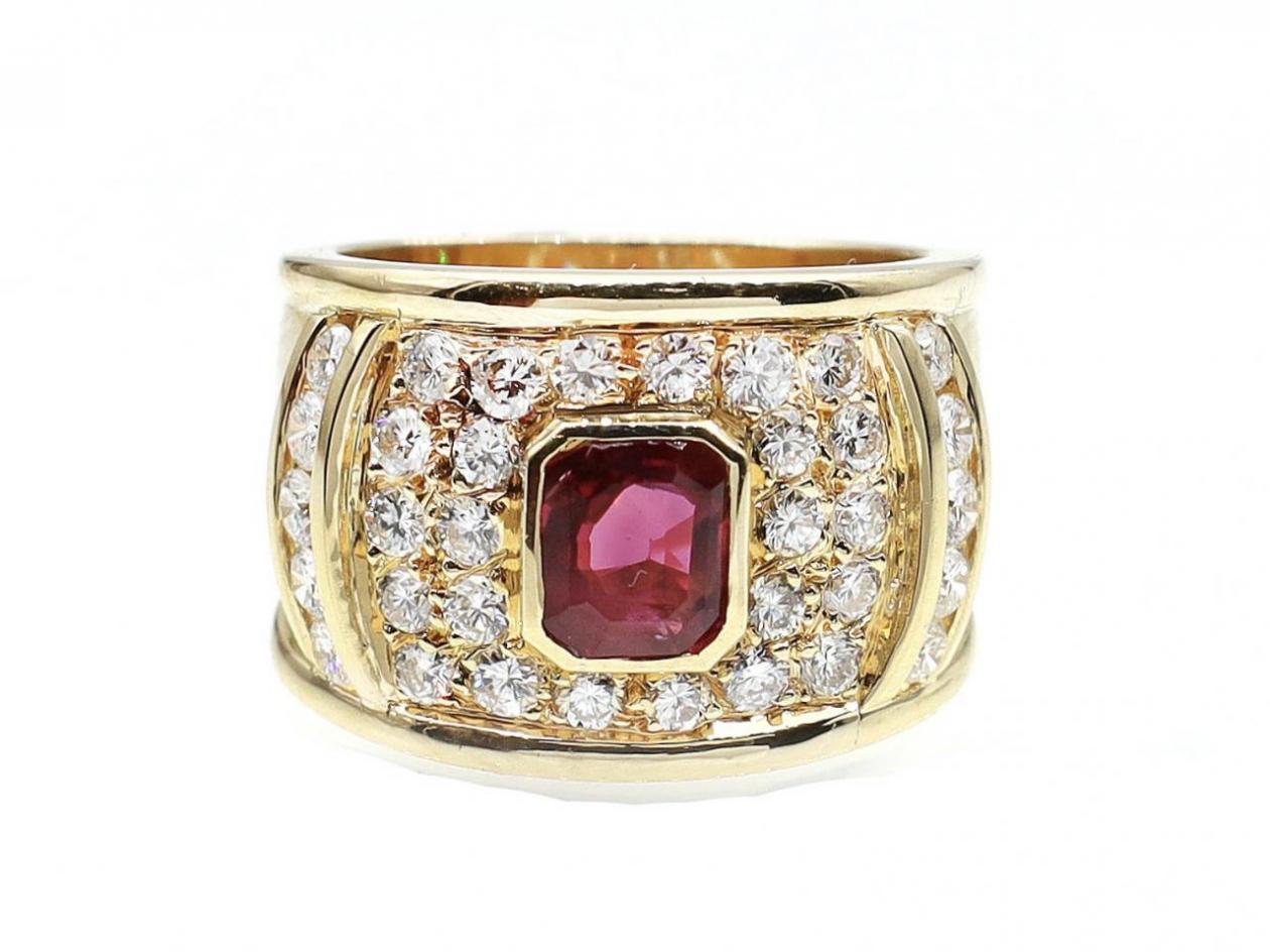 1980s Ruby & Diamond Broad Cocktail Ring in 18kt Yellow Gold