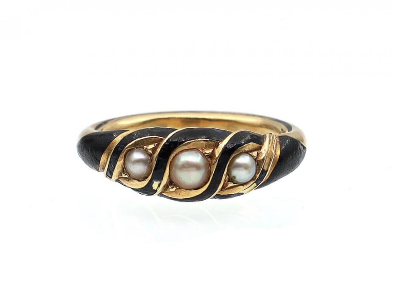 Victorian Natural Pearl & Black Enamel Memorial Ring