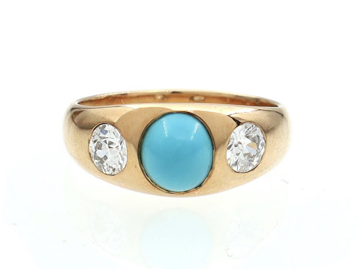 Antique turquoise and diamond three stone ring in yellow gold
