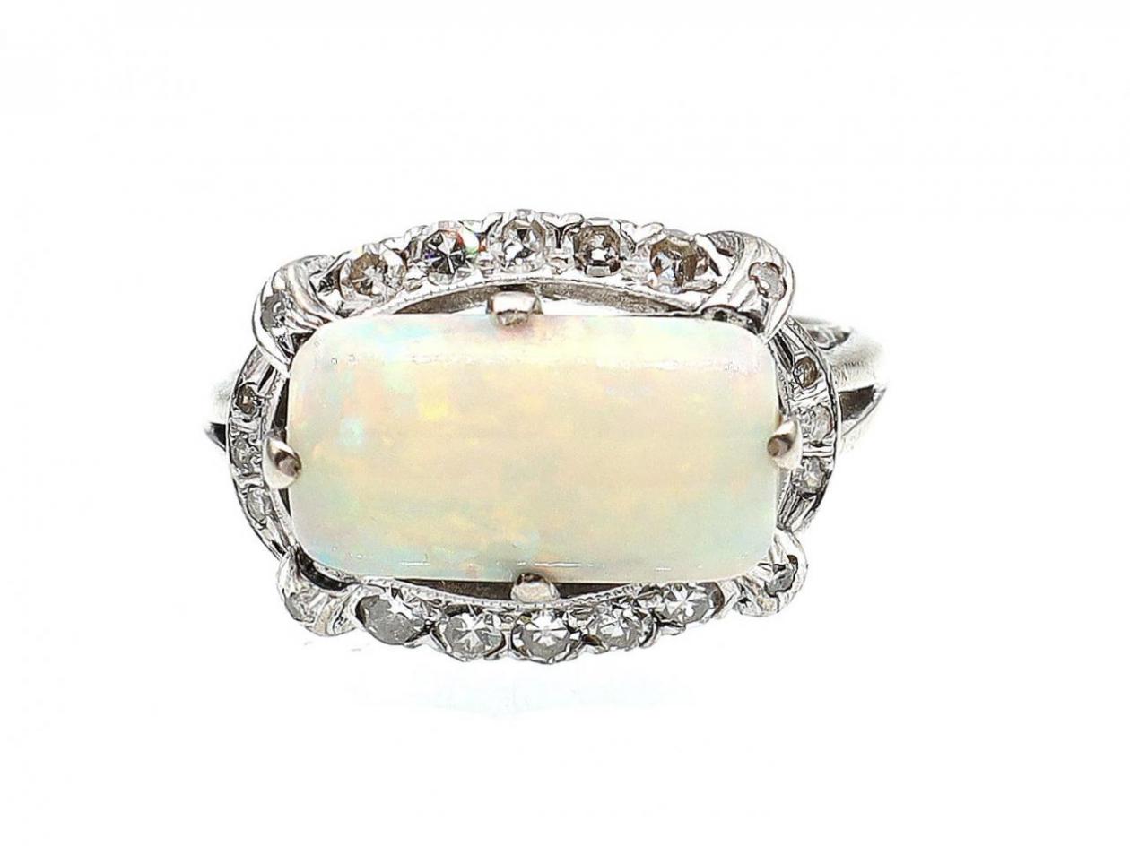 Vintage lozenge white opal and diamond cluster ring