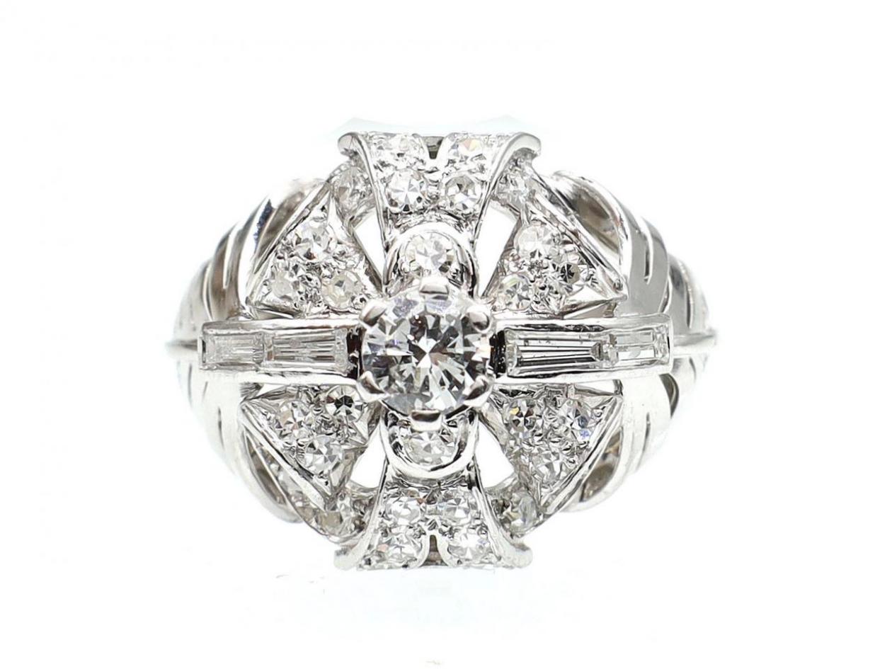 1950s fancy diamond cluster ring with leaf motifs in platinum
