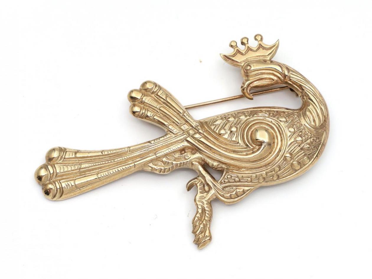 Vintage Aidan Breen crowned peacock brooch in 9kt gold