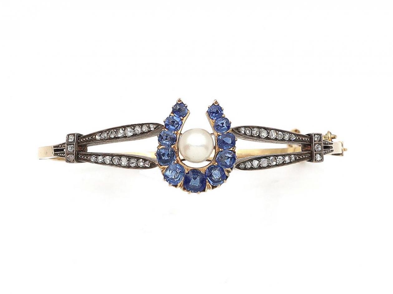 Victorian pearl, sapphire and diamond horseshoe hinged bangle