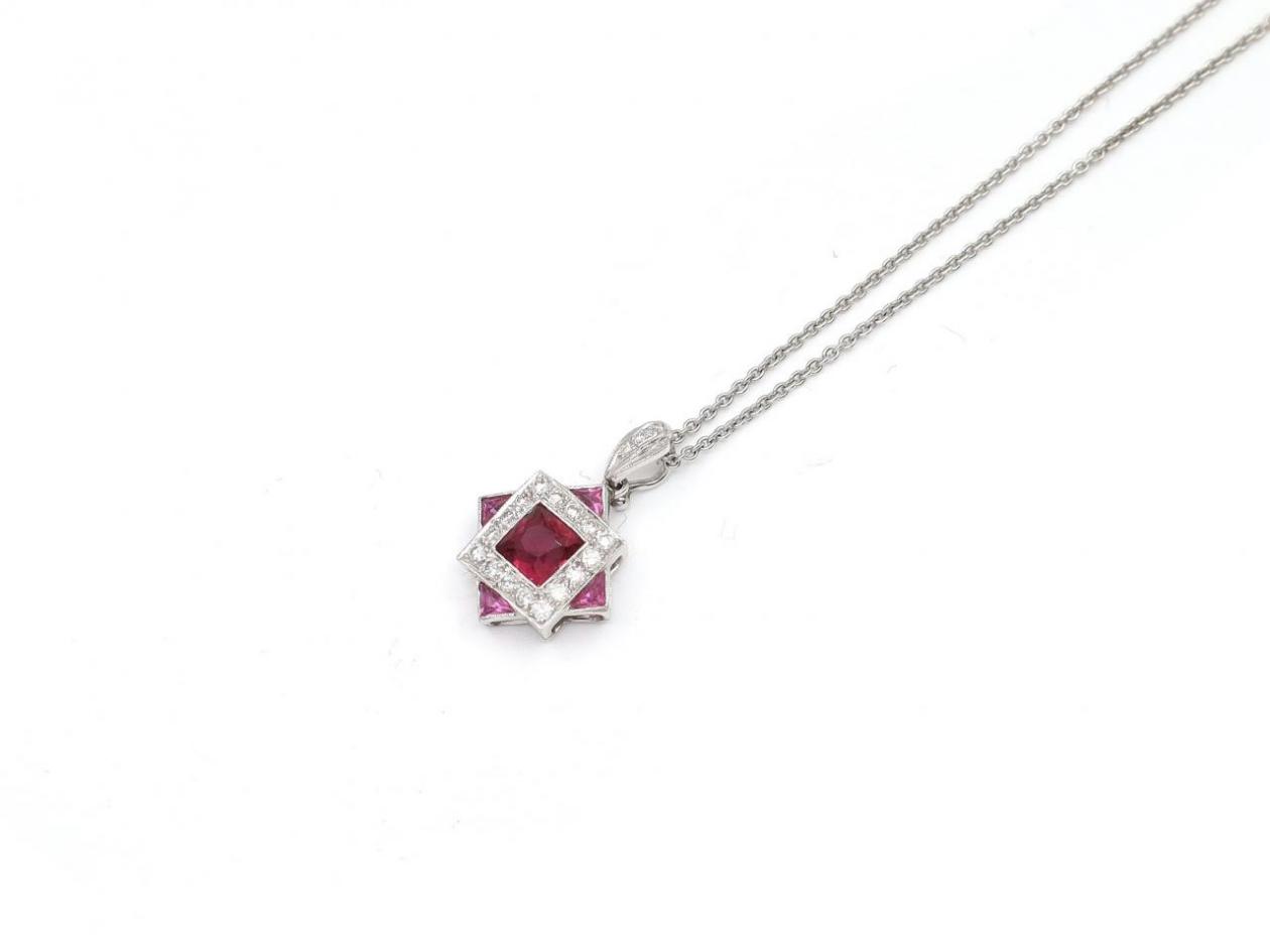 Geometric tourmaline, pink sapphire and diamond pendant and chain