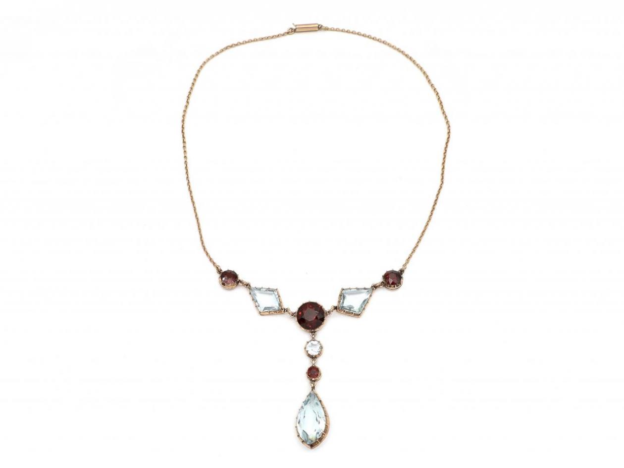 Arts and Crafts Aquamarine & Almandine Garnet Drop Necklace in Gold