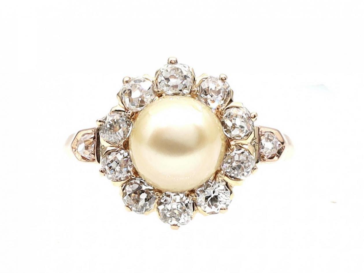Victorian natural pearl and diamond coronet cluster ring