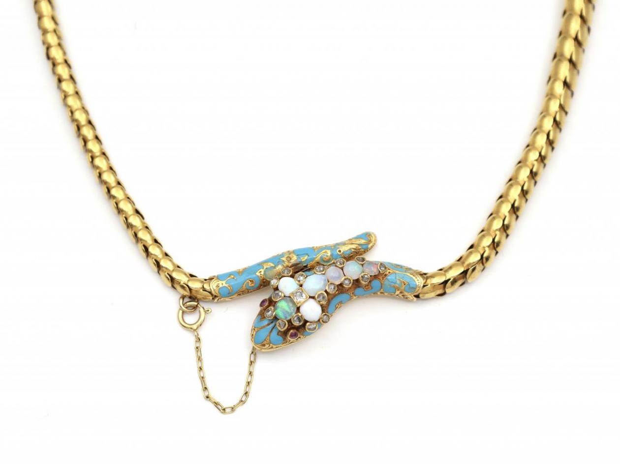 Victorian Opal, Diamond, Ruby & Light Blue Enamel Serpent Necklace
