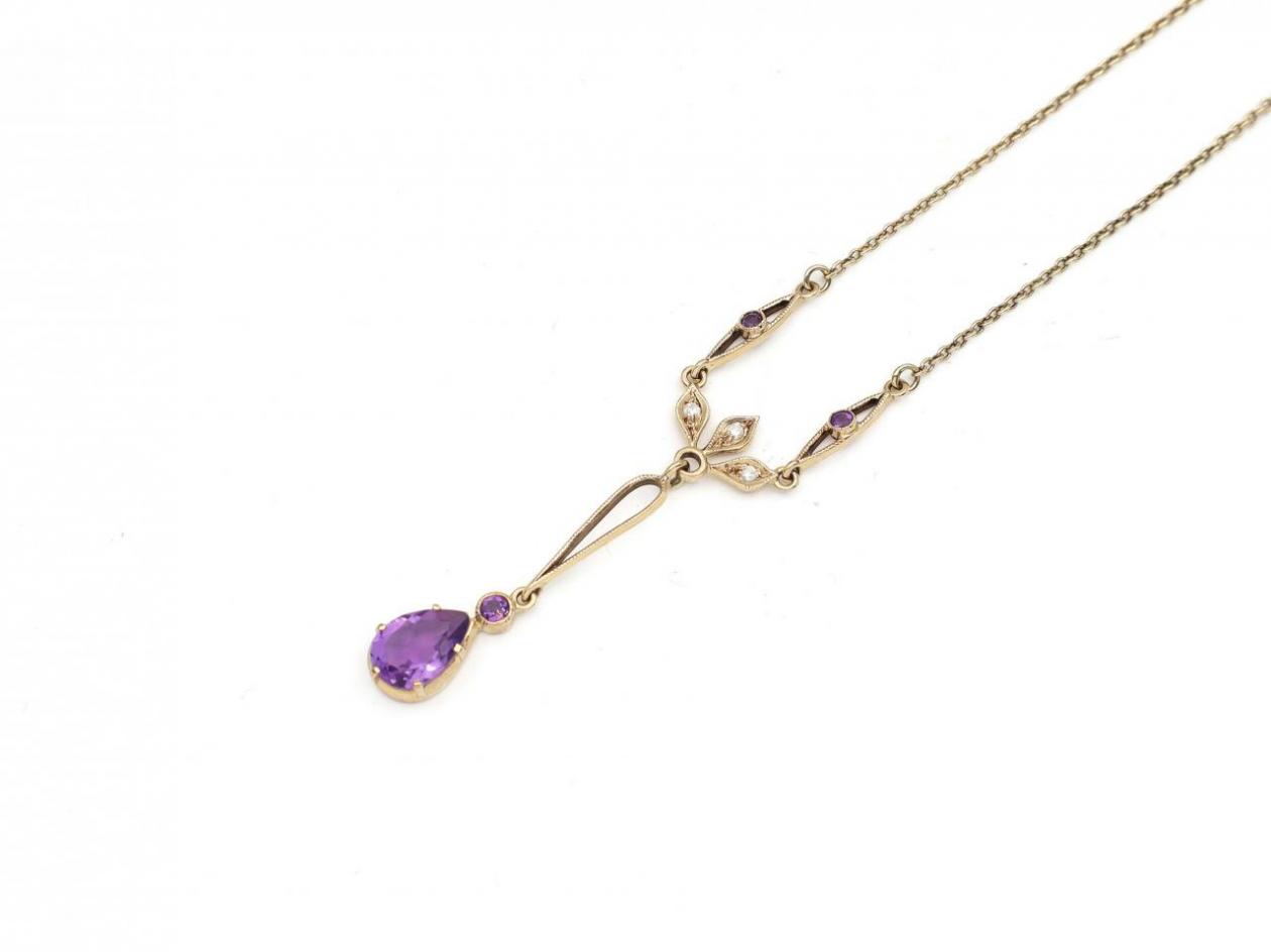 Vintage amethyst and diamond drop necklace in 9kt yellow gold