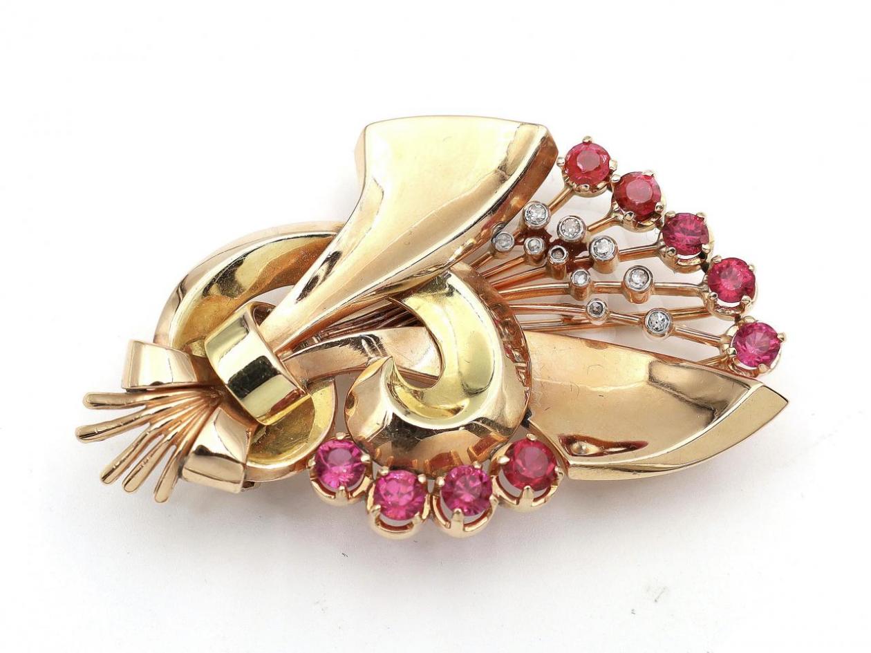 1940s synthetic ruby and diamond brooch in 18kt rose and yellow gold