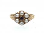 Antique garnet and natural pearl flower cluster ring in gold