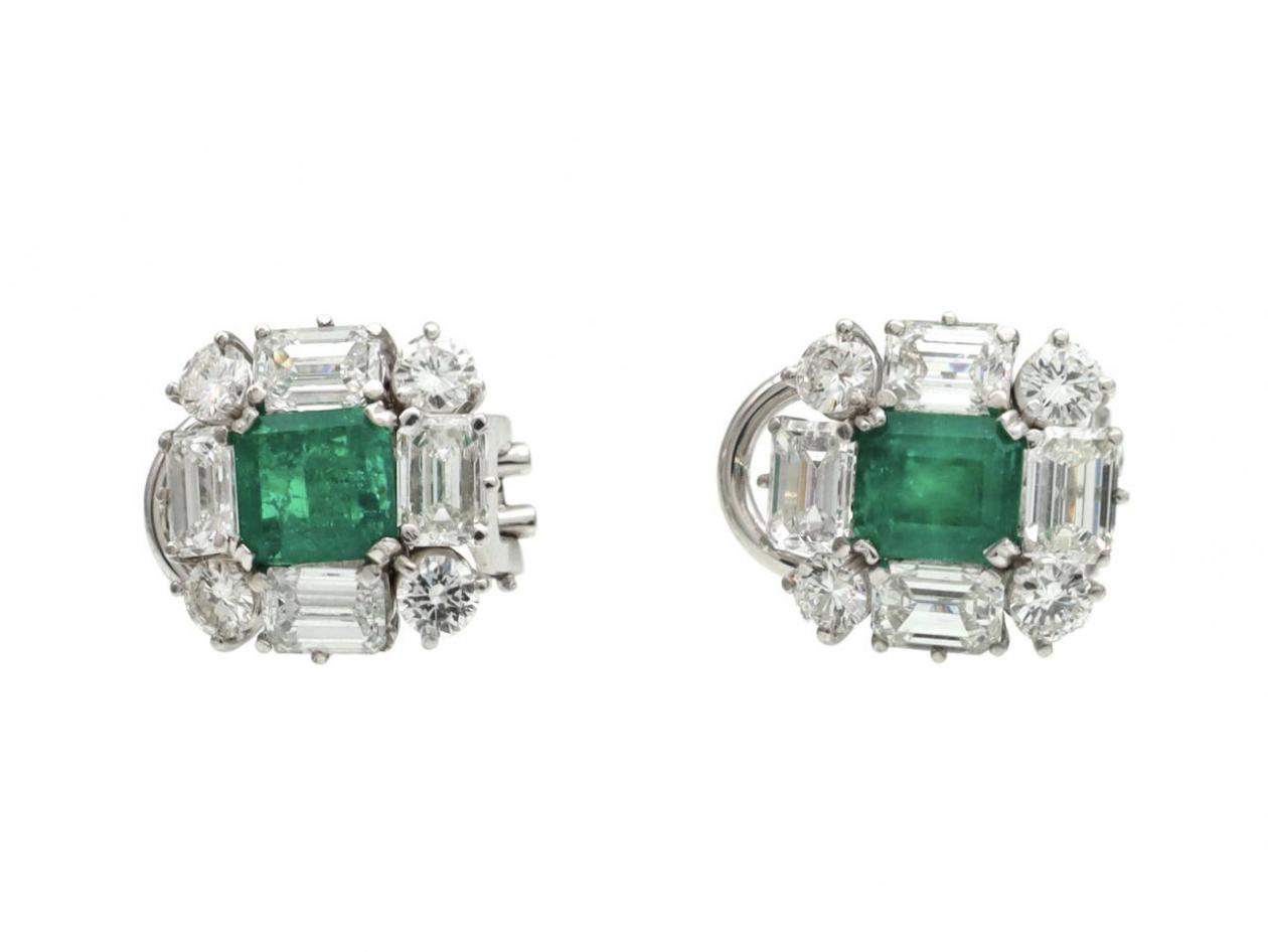 Colombian emerald and diamond square cluster earrings