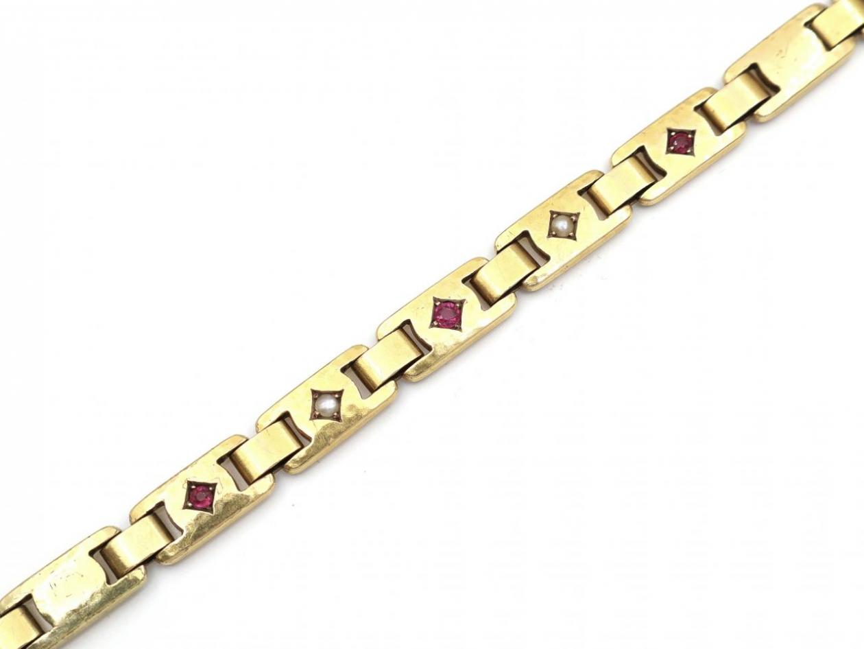 Victorian ruby and seed pearl hammered link yellow gold bracelet