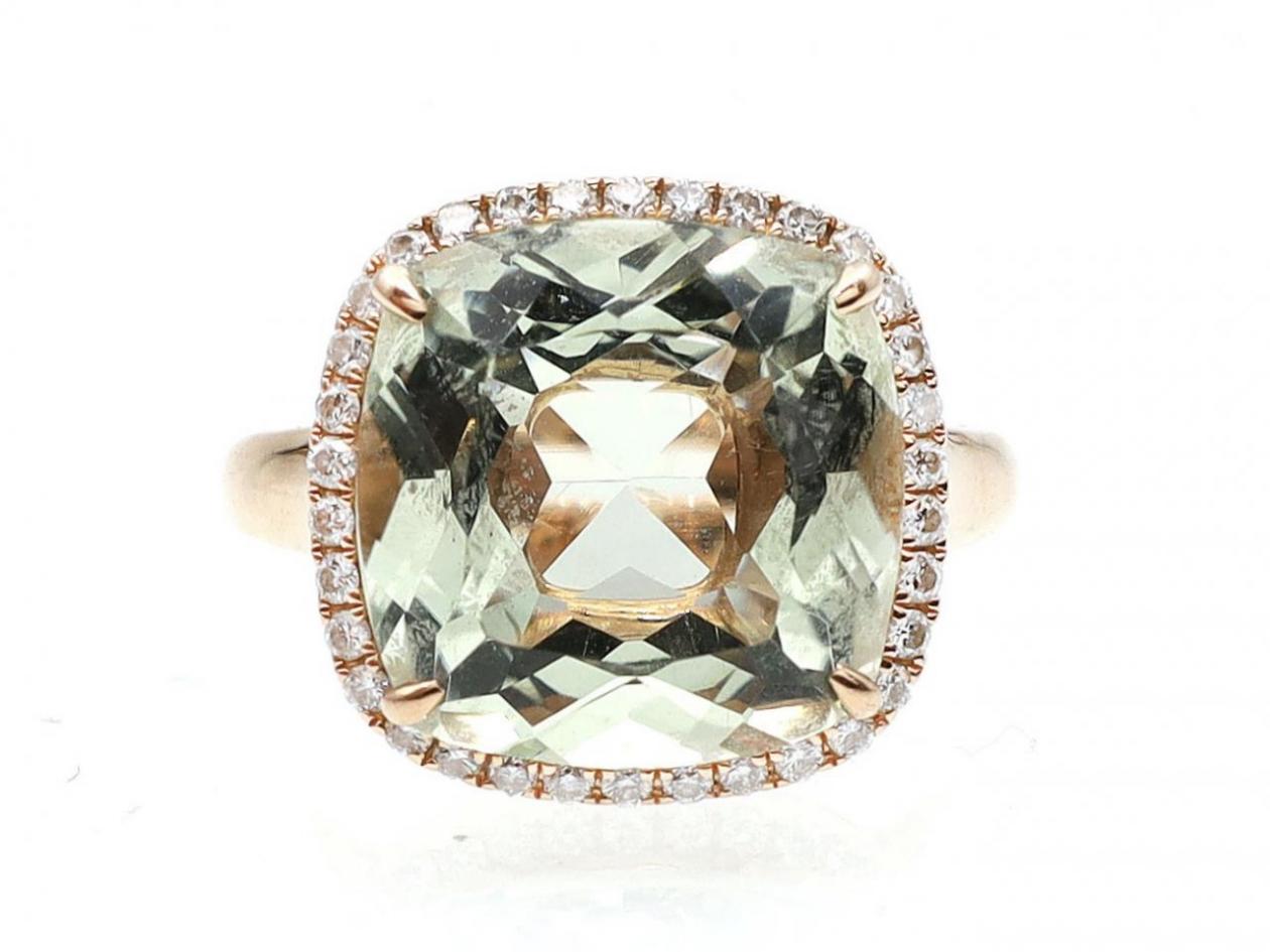 Sage green quartz and diamond dress ring 18kt rose gold