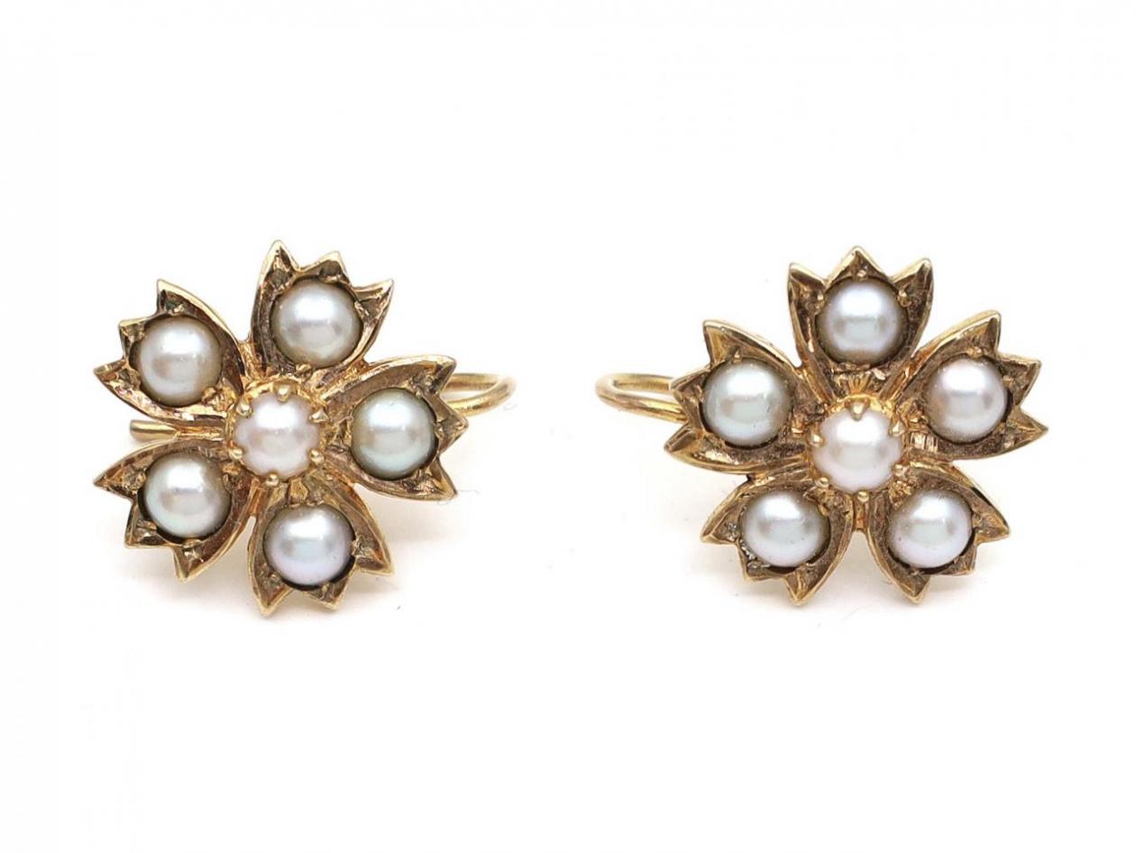 Antique floral drop earrings with natural pearls