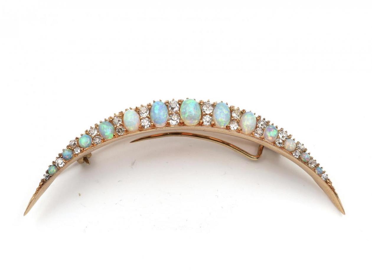 Victorian Opal & Diamond Crescent Moon Brooch