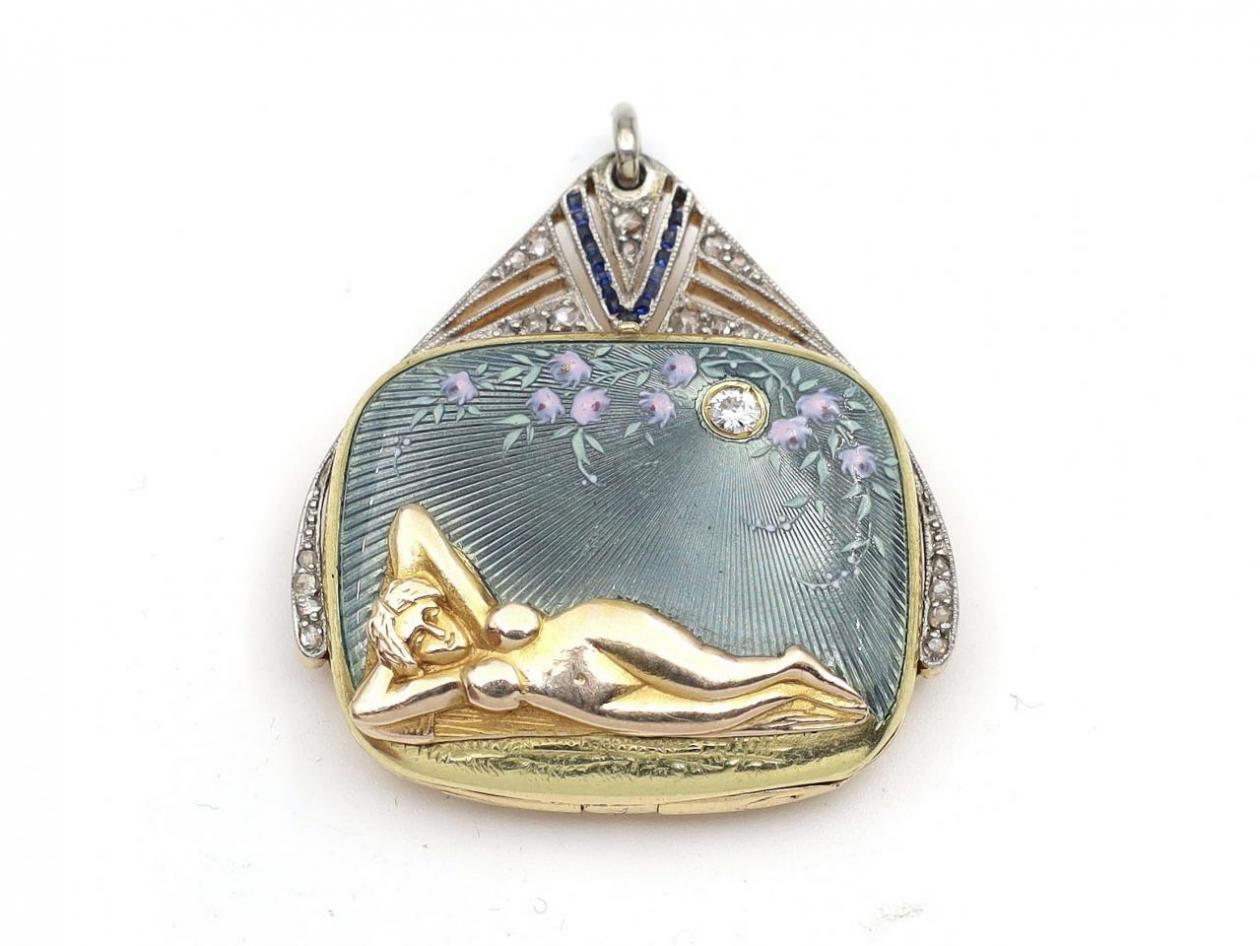Art Nouveau sapphire, diamond and enamel cushion shape locket