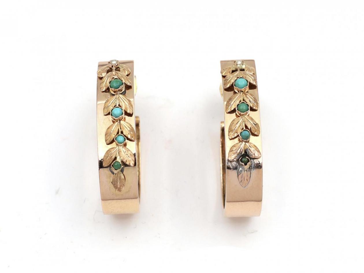 Antique 18kt yellow gold hoops studded with turquoise