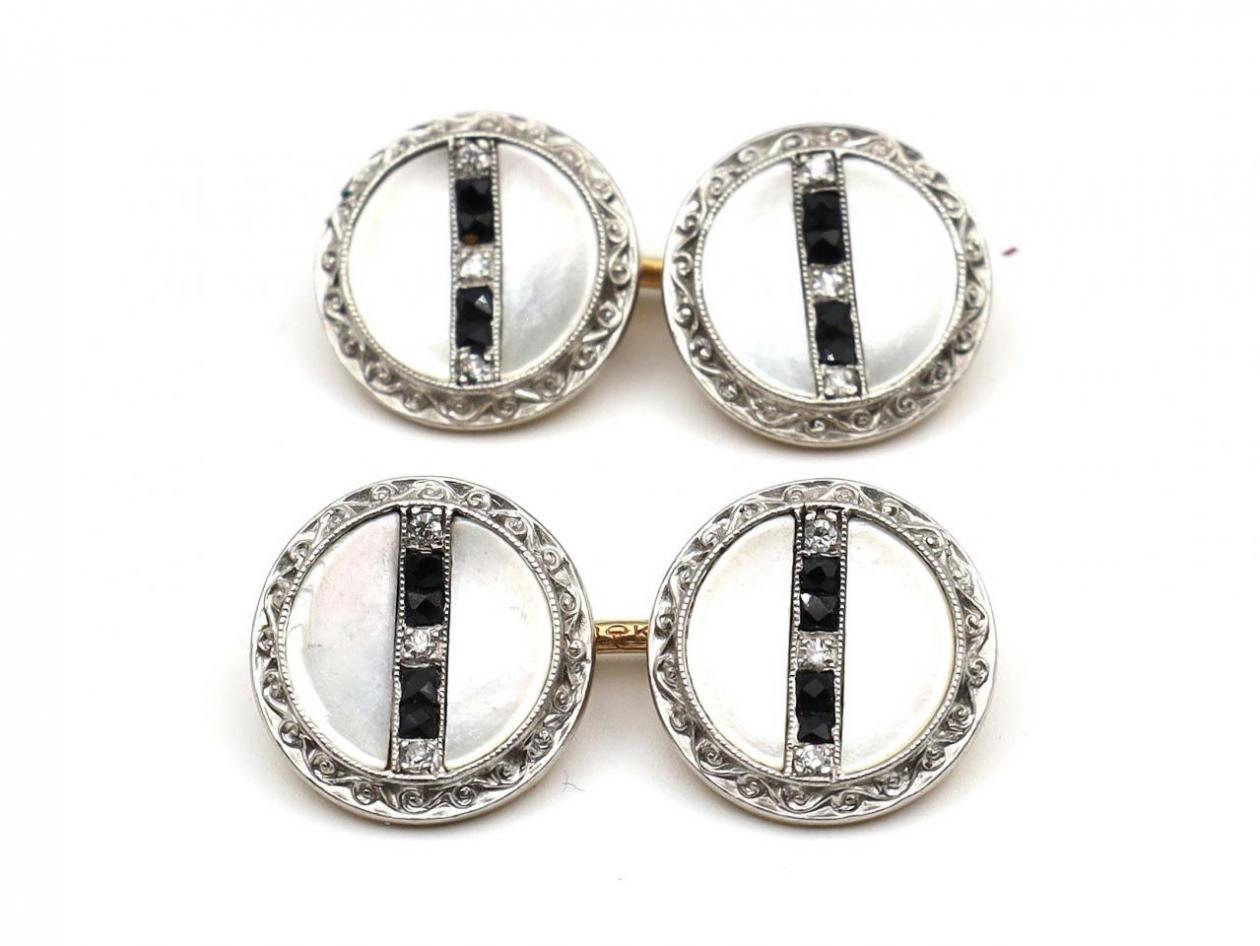 Edwardian onyx, diamond and mother of pearl button cufflinks