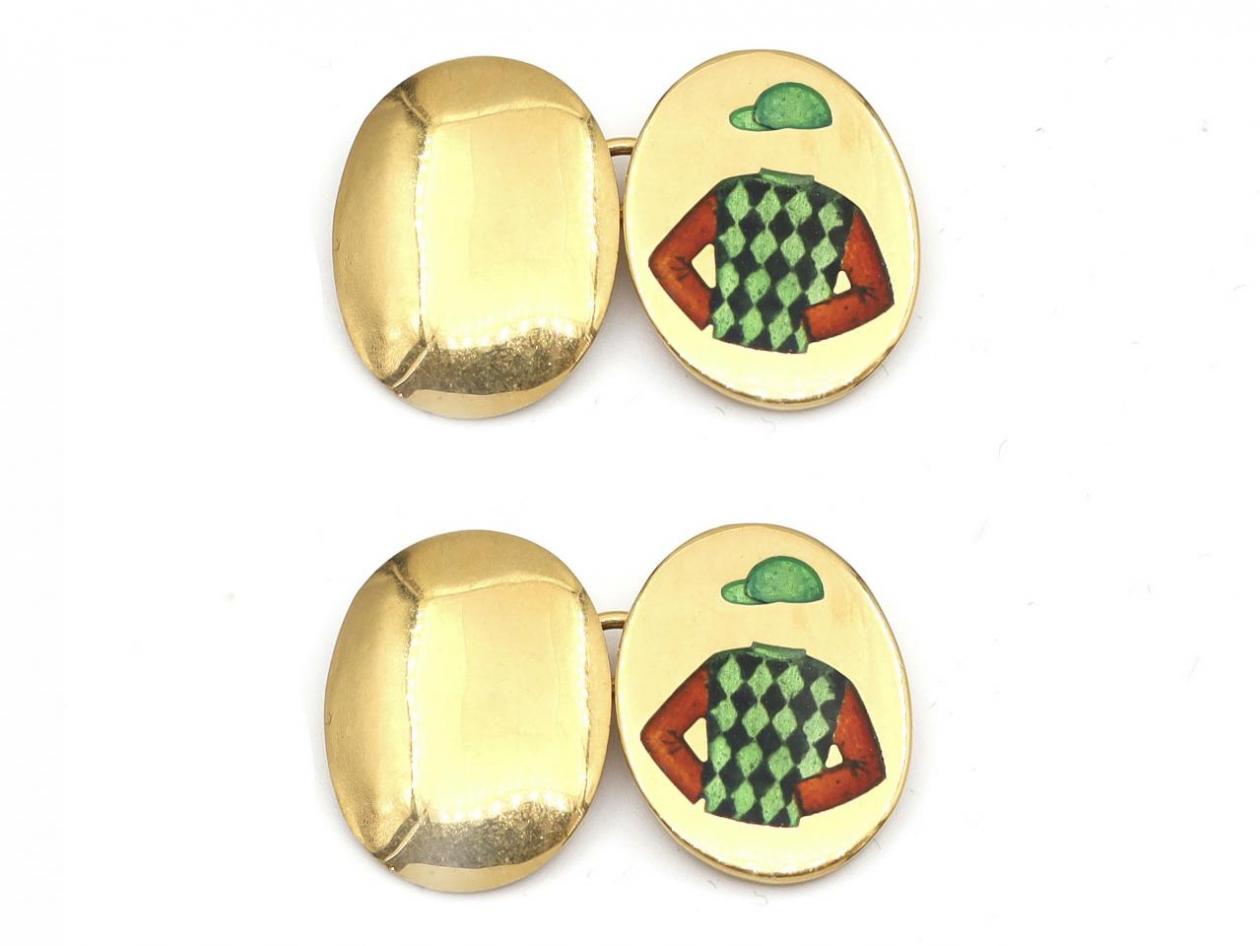 Enamel jockey cap and shirt double oval cufflinks