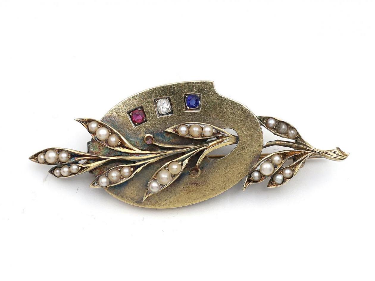 Antique seed pearl, ruby, diamond and sapphire branch brooch