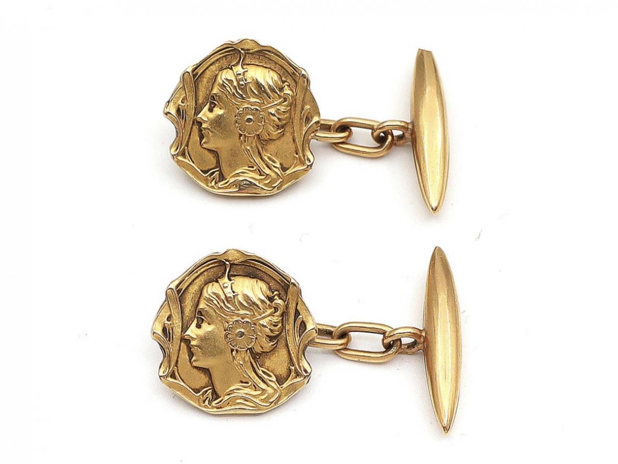 Art Nouveau whimsical woman cufflinks in 18kt gold