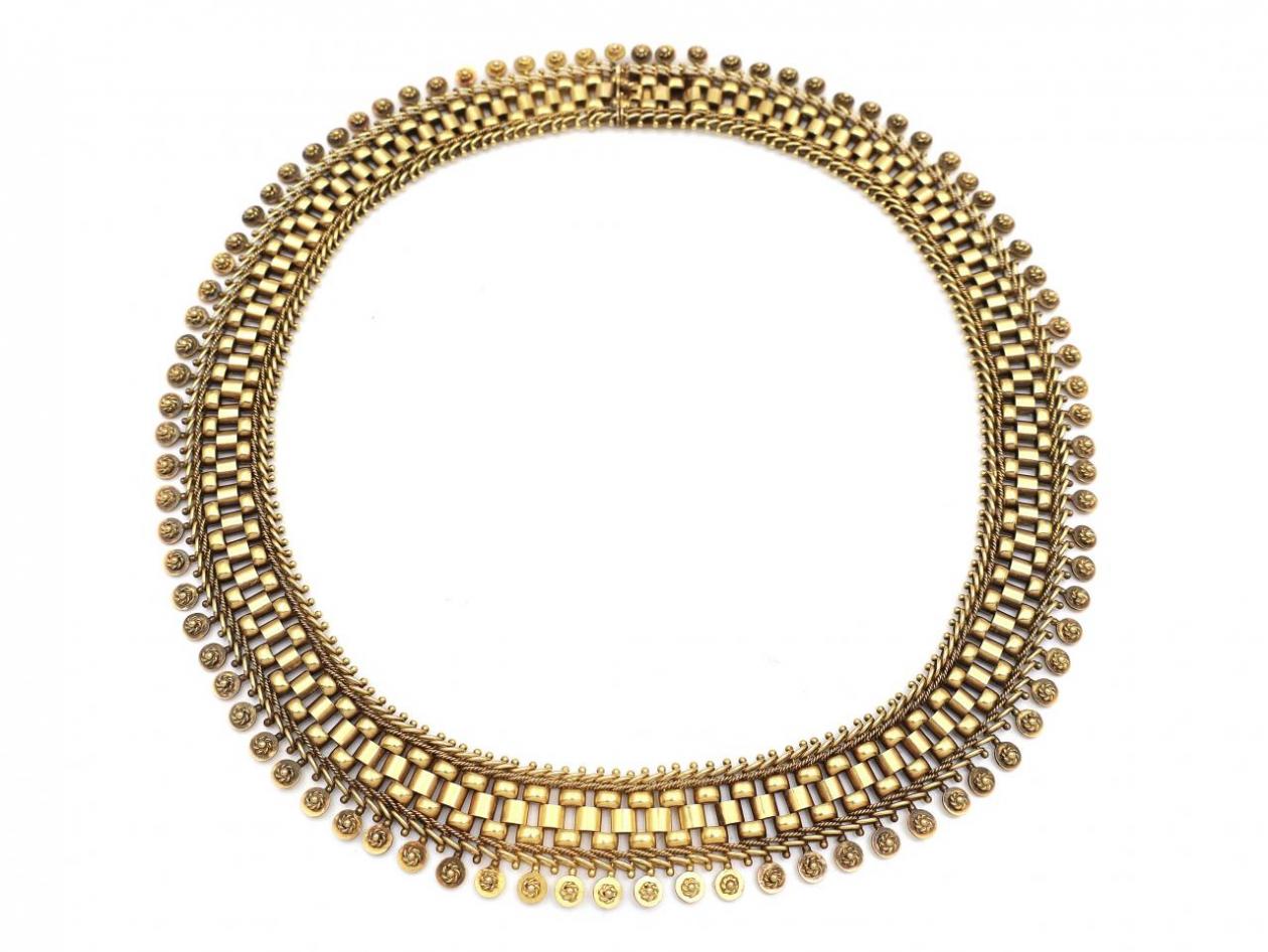 1880s Etruscan revival 15kt yellow gold collar necklace