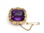 Amethyst and Old Mine cut diamond brooch in yellow gold
