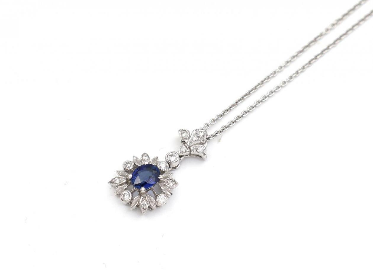 18kt white gold sapphire and diamond floral cluster pendant and chain