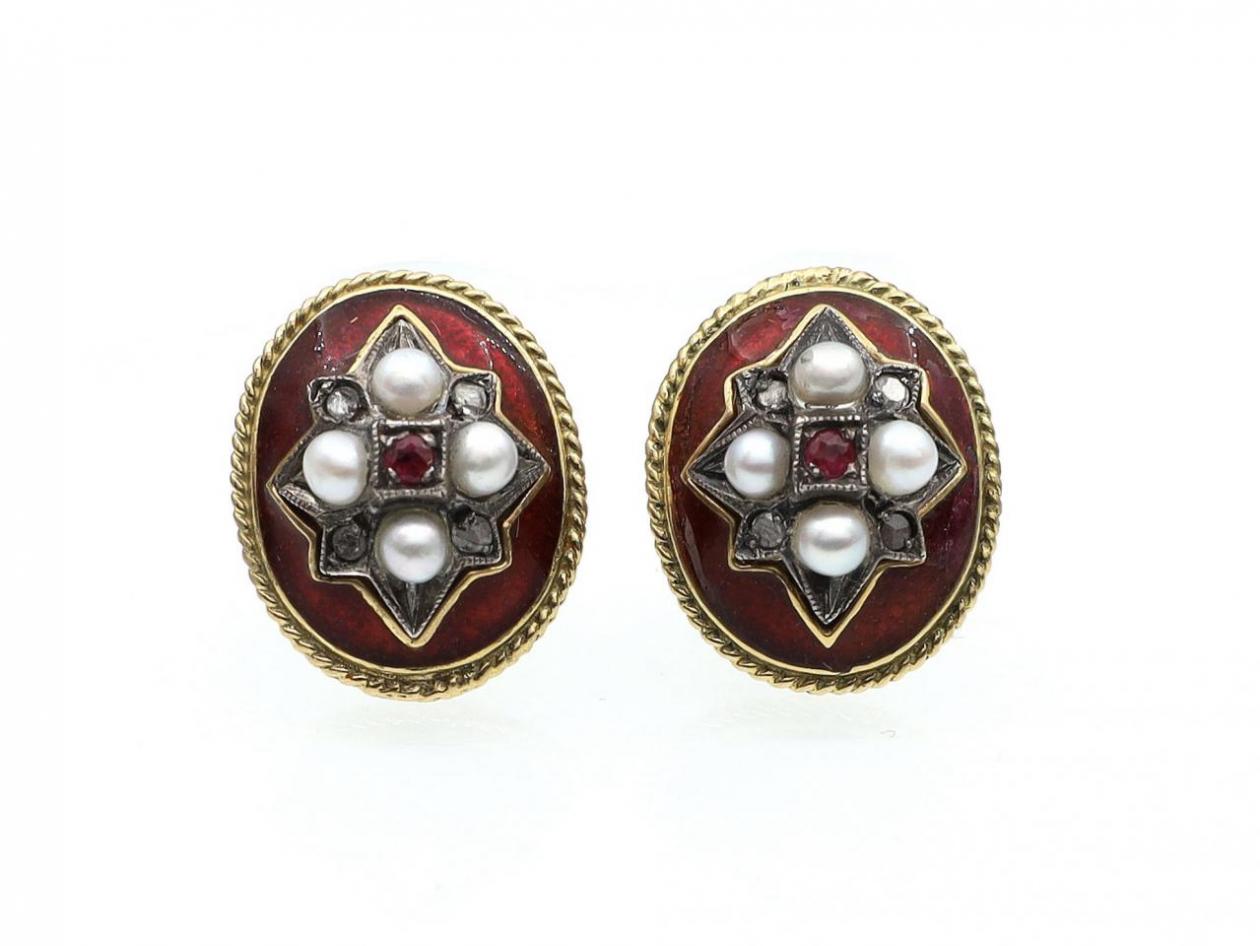 Victorian style oval ruby, diamond and red enamel stud earrings