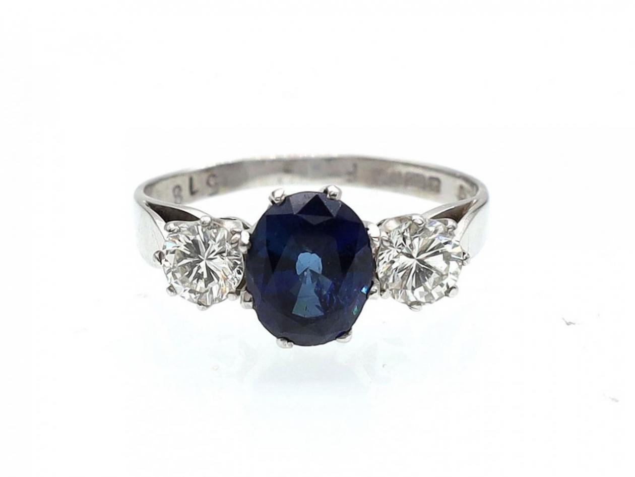 1970s Sapphire & Diamond Three Stone Ring in White Gold