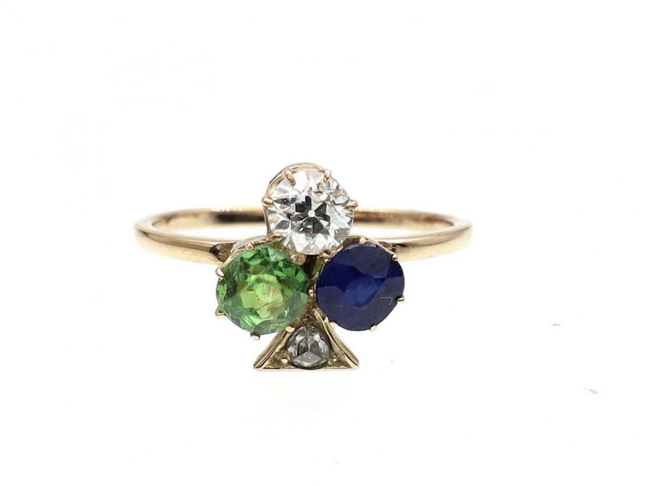 Edwardian trefoil diamond, demantoid garnet and sapphire cluster ring