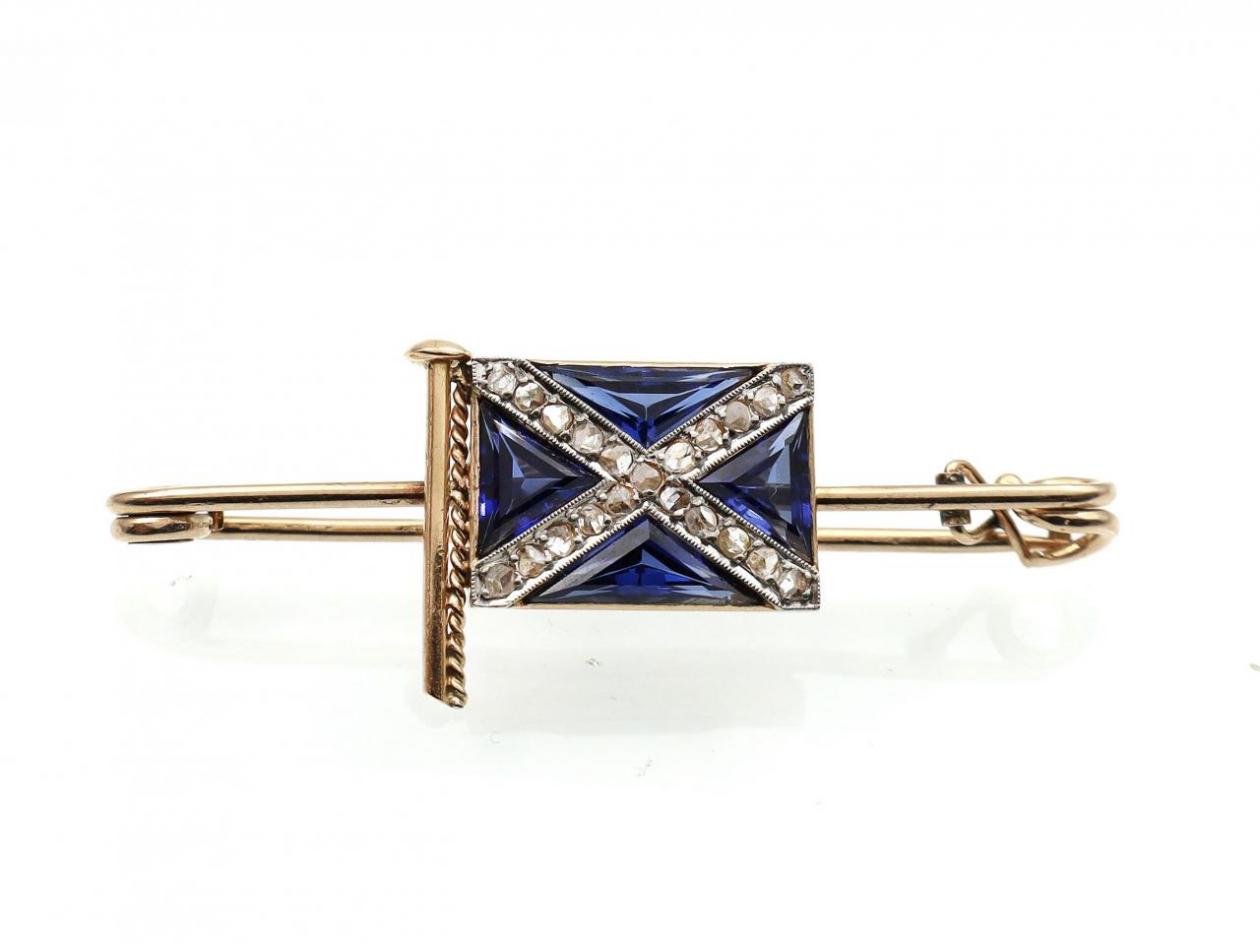 Retro sapphire and diamond Scottish flag brooch in gold