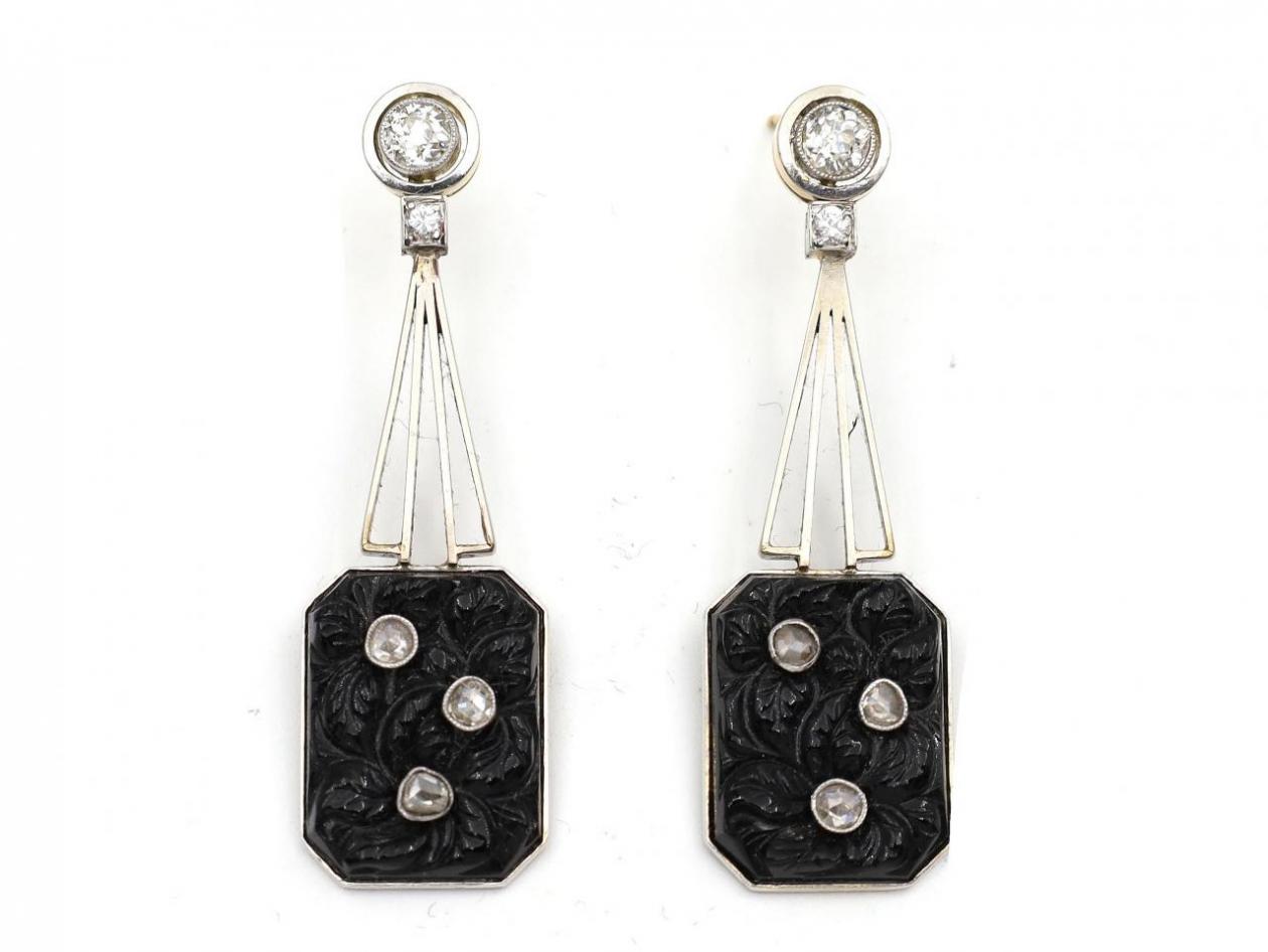 Art Deco carved onyx and diamond drop earrings