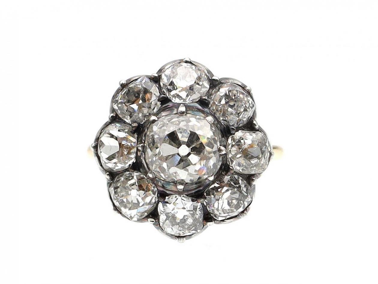 Antique Old Mine Cut diamond cluster in silver and 18kt yellow gold