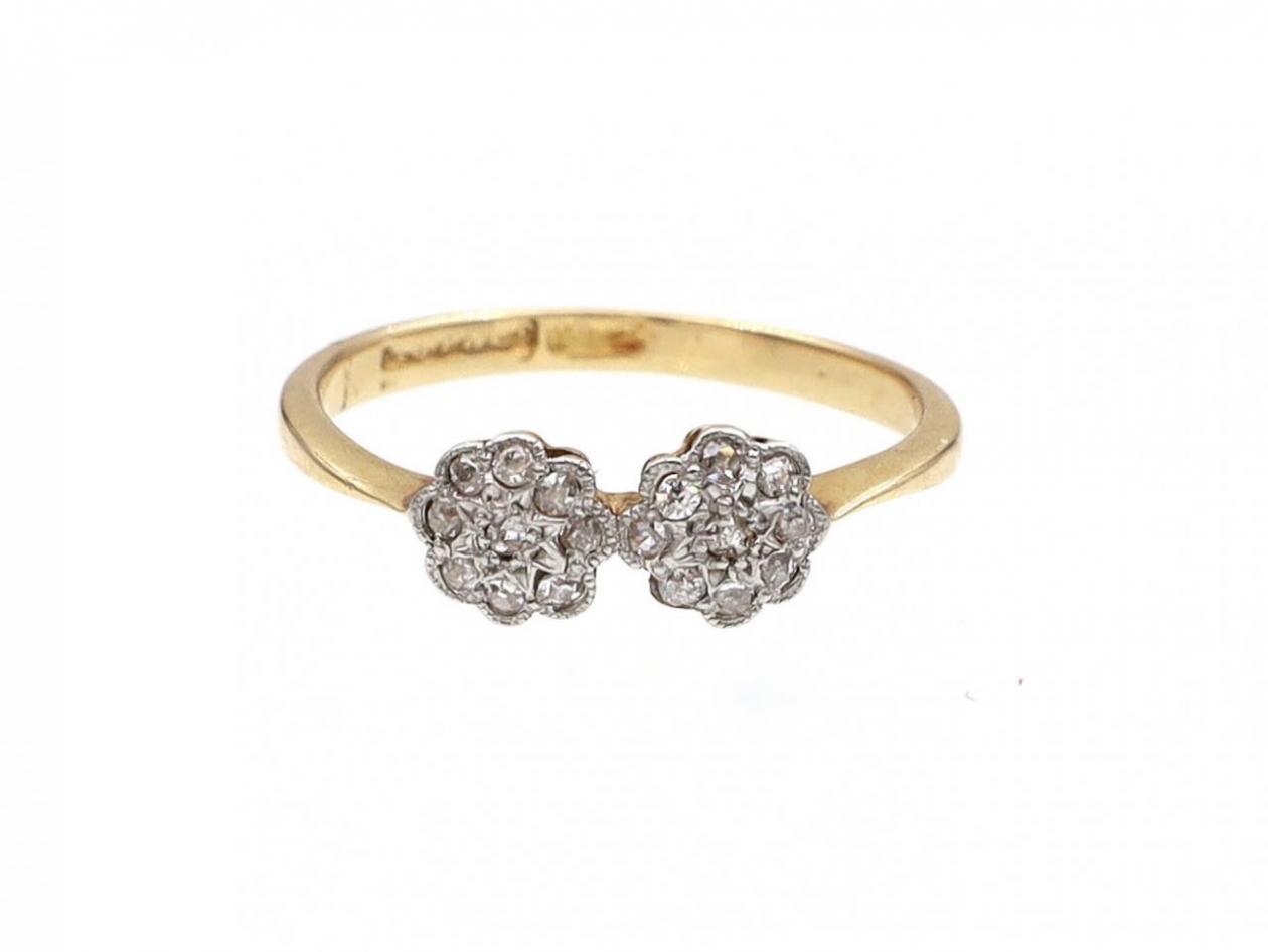 Edwardian diamond double daisy cluster ring in 18kt yellow gold