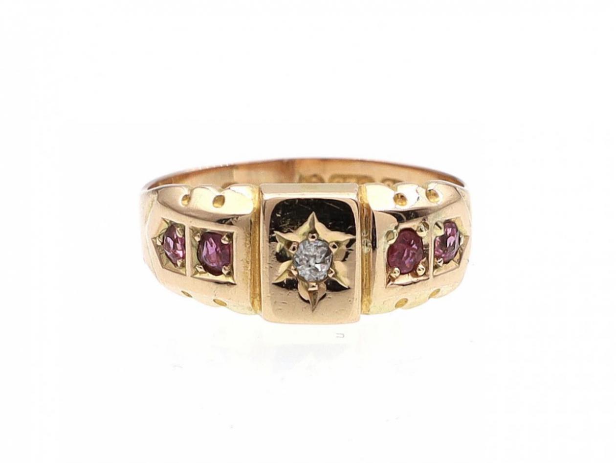 Antique 15kt yellow gold diamond and ruby five stone ring