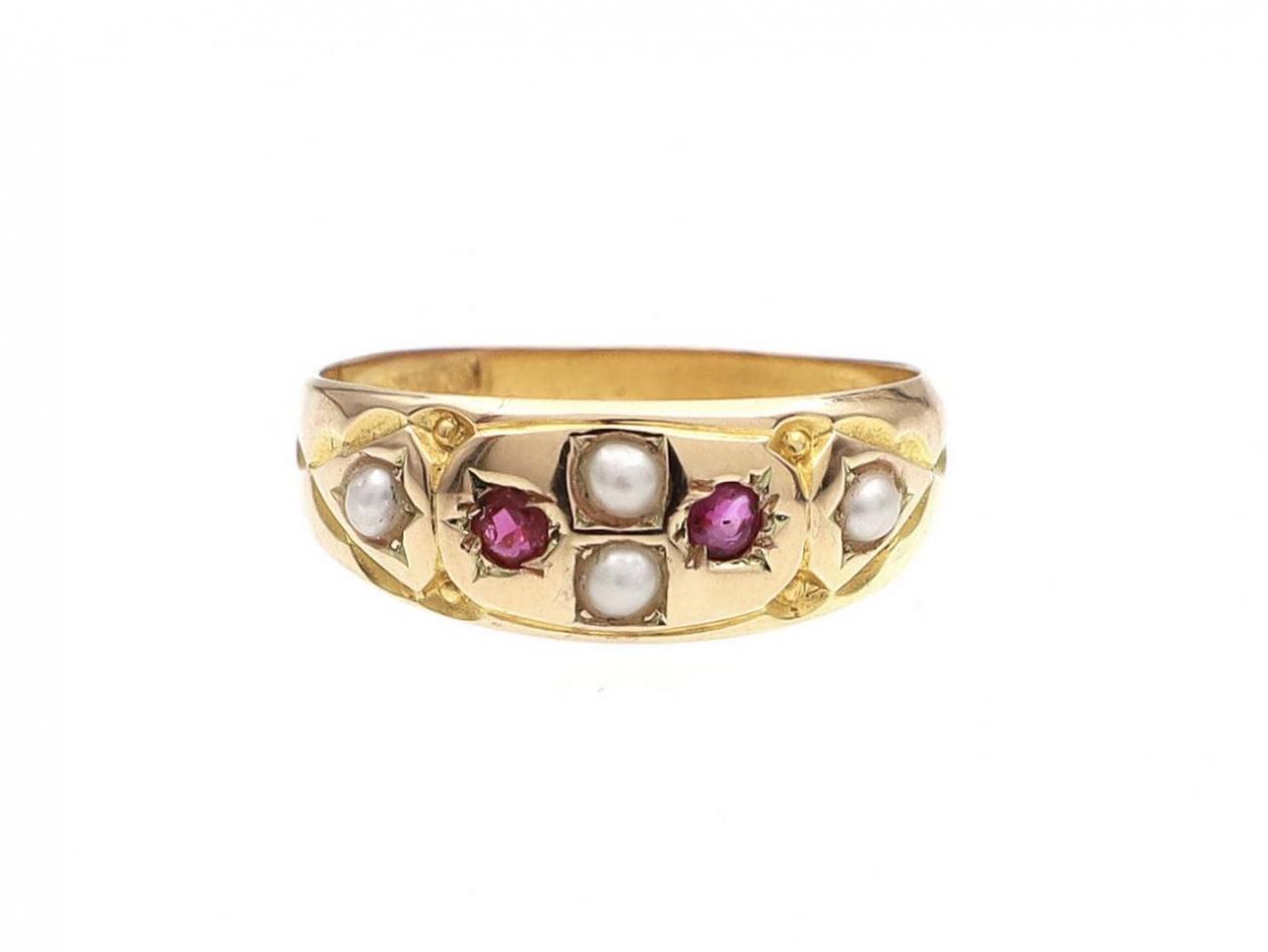 1899 Seed Pearl & Ruby Ring in 15kt Yellow Gold