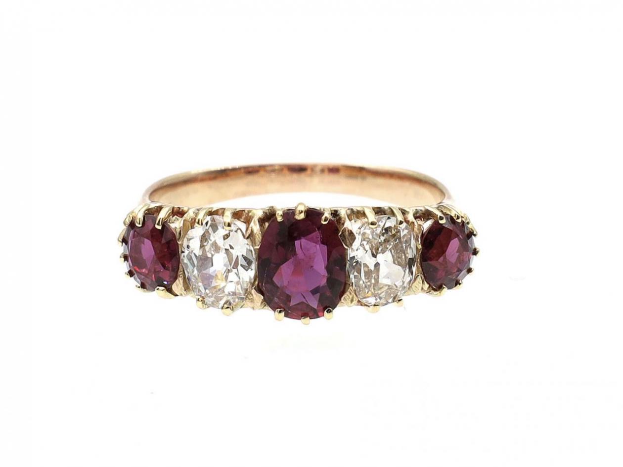 Antique graduating ruby and diamond five stone ring