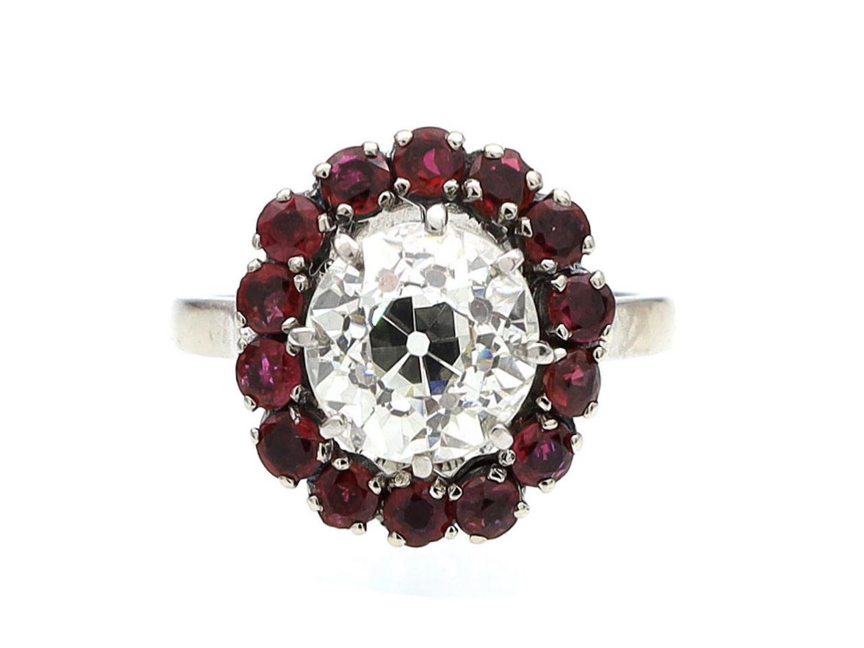 Vintage 2.12ct Old European cut diamond and ruby coronet cluster ring