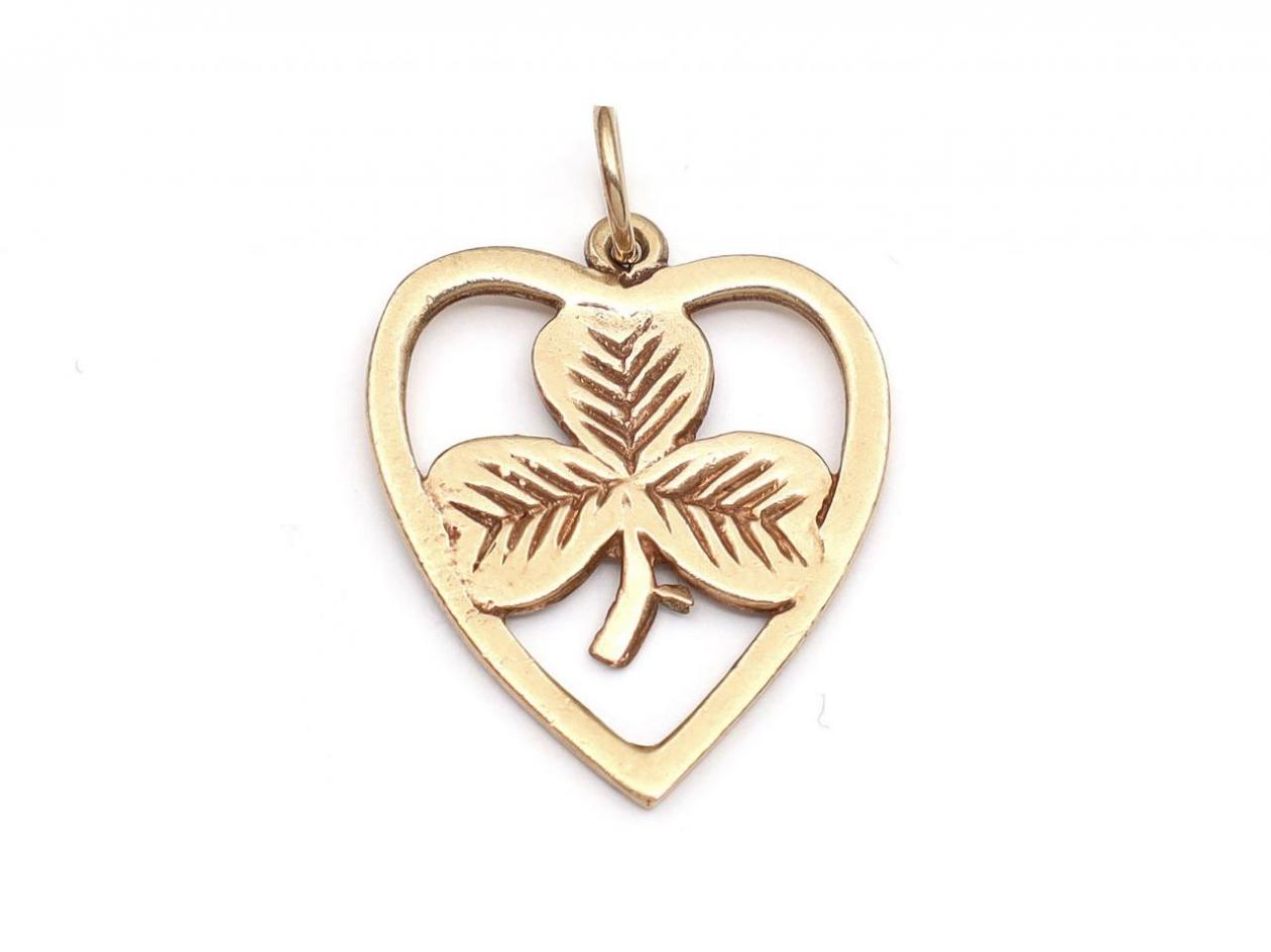 Vintage 9kt yellow gold shamrock and heart pendant